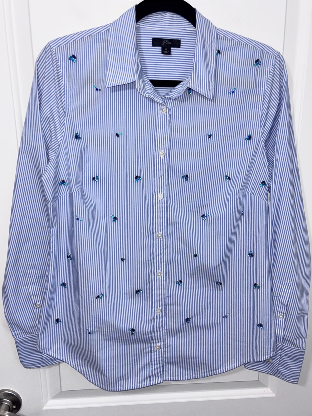 J.Crew Blue & White Striped Embellished Button-Up Shirt - Size 8